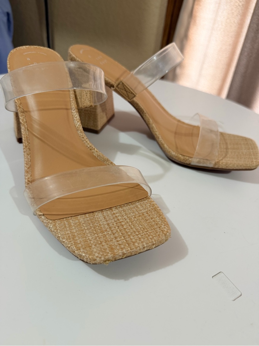 Target Tan Woven Block Heel Sandals with Clear Straps